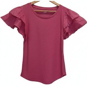Gap womens medium ruffle flutter pink sleeve ribbed tshirt top